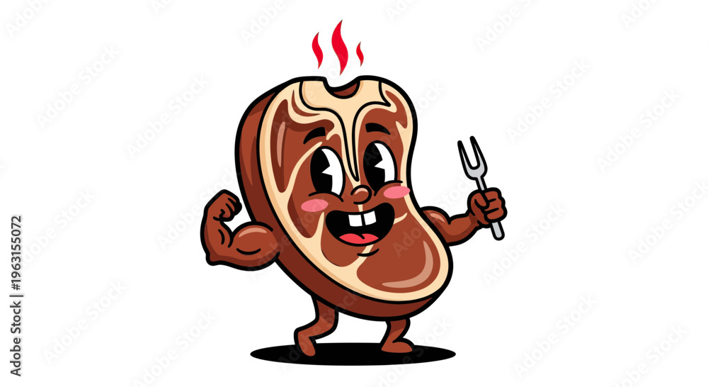Fototapeta premium Strong Vintage Cartoon Steak Mascot Illustration, Muscular T-Bone Beef Character Flexing Bicep and Holding a Fork, Retro BBQ and Protein Concept