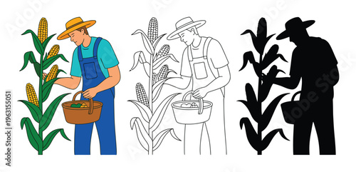 Farmer Harvesting Corn in a Field, Line and Silhouette