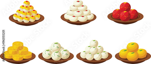 Assorted Indian Sweets Platter Set Featuring Ladoo Rasgulla Sandesh Peda and Traditional Mithai Desserts on Plates Vector Collection