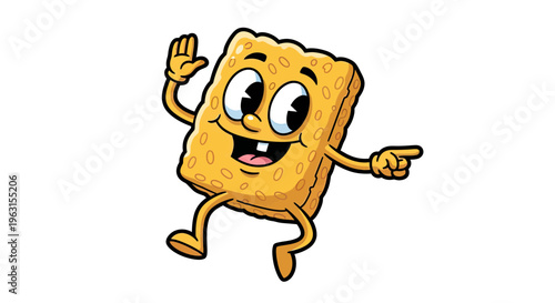 Cheerful Cartoon Sponge Mascot Jumping and Waving in Retro Rubber Hose Animation Style