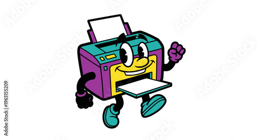 Retro Cartoon Character Mascot of a Happy Printer Walking and Waving, Vintage 1930s Rubber Hose Style Vector Illustration