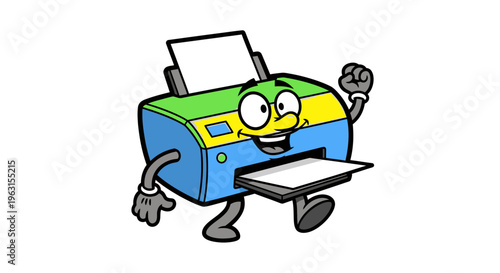 Cheerful Cartoon Printer Mascot Walking and Celebrating Success, Vector Illustration