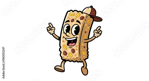 Cartoon Granola Bar Character Mascot in Vintage Rubber Hose Style Pointing Up and Smiling