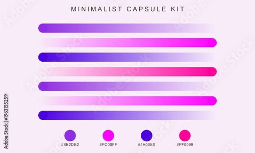 Minimalist capsule kit with purple and pink gradient progress bars, modern UI element set for web design and app development, sleek horizontal loading bars with rounded ends and hex codes