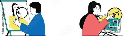 A man examines artwork closely while a woman shops and finds a bargain with a bright discount sticker