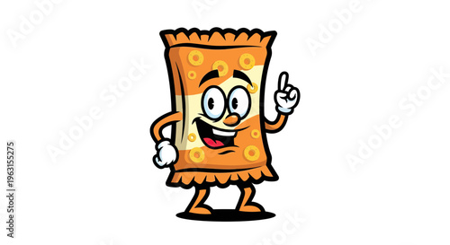 Happy Cartoon Snack Bag Mascot Character Pointing Finger, Cute Junk Food Packaging Vector Illustration
