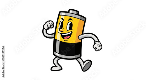 Energetic cartoon battery mascot character walking happily, vintage 1930s rubber hose style vector illustration