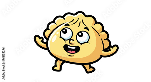 Cute Cartoon Dumpling Character Mascot, Happy Pierogi or Gyoza Vector Illustration Looking Up Isolated on White Background
