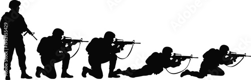 Set of five military soldier silhouettes in various tactical poses including standing kneeling and prone positions with rifles isolated on white,