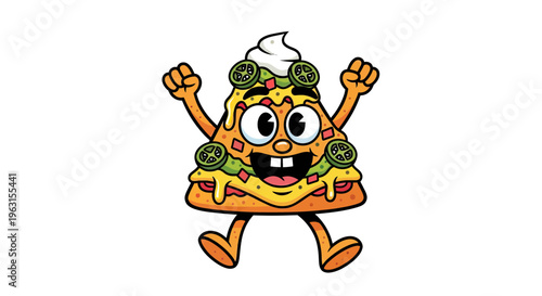 Happy Cartoon Nacho Chip Character Mascot with Cheese, Jalapeños, and Sour Cream Jumping in Joy