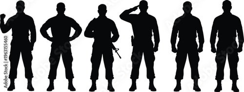 Set of military soldier silhouettes in various poses including saluting and standing guard, brave army infantry personnel for defense concepts, 20 words.
