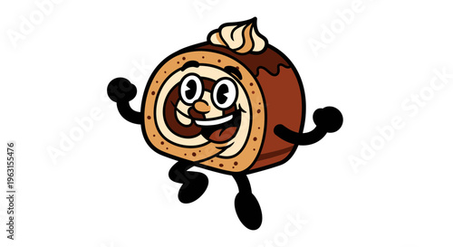 Vintage Rubber Hose Style Chocolate Swiss Roll Cake Cartoon Character Dancing on White Background