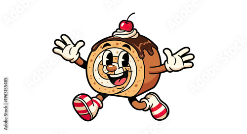 Retro Cartoon Swiss Roll Character Running with a Cherry on Top, Vintage 1930s Rubber Hose Style Vector Illustration