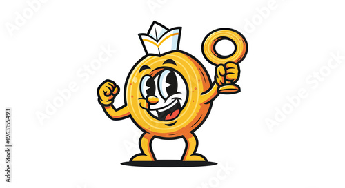 Retro Cartoon Onion Ring Mascot in Vintage Rubber Hose Style Holding a Trophy and Celebrating