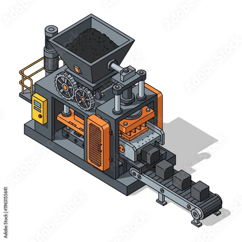 Isometric Coal Briquetting Machine Illustration - Industrial Production and Manufacturing.
