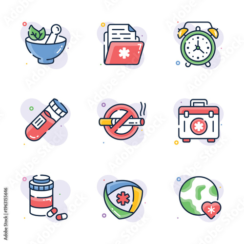 A collection of outline design medical icons representing healthcare and wellness. Perfect for digital or print.
