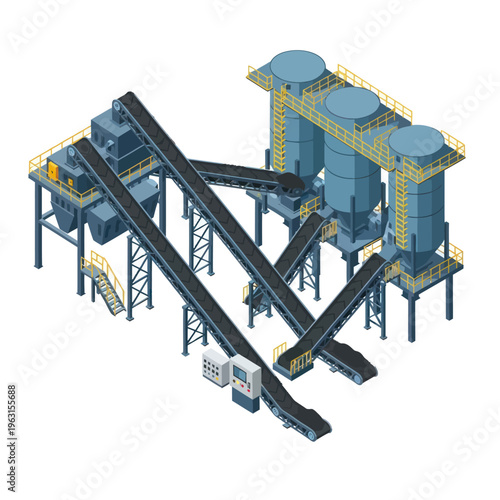 Isometric View of Industrial Plant with Conveyor Belts and Silos.