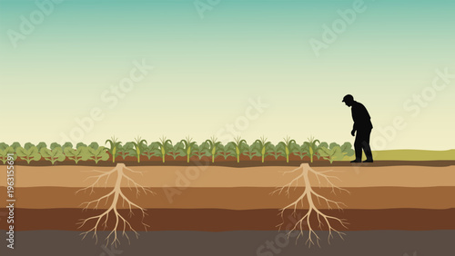 Cross section of soil layers with deep root systems and intercropping of vegetables under the observation of a farmer silhouette, symbolizing sustainable agriculture.