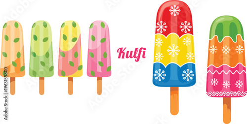 Colorful Kulfi Ice Cream Popsicle Set Featuring Traditional Indian Frozen Desserts with Nuts and Decorative Patterns Sweet Treat Vector Collection