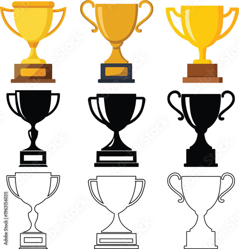 Golden trophy cup set flat silhouette and line art vector icons for award and achievement