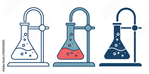 Three stylized laboratory flasks on stands with bubbling liquids