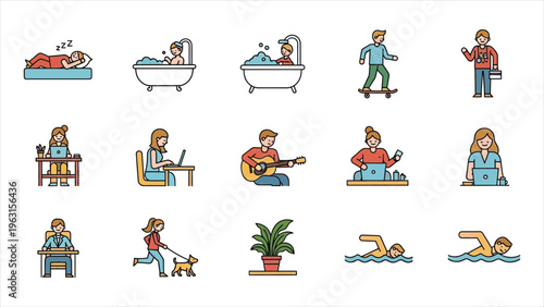 Everyday Life Illustration Collection Diverse Flat Line Vector Illustrations Depicting Work, Leisure, Self-Care, and Personal Hygiene Activities.