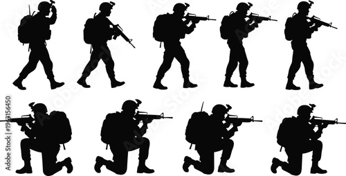 Set of military soldier silhouettes in various tactical poses walking and kneeling with rifles and backpacks isolated on white background