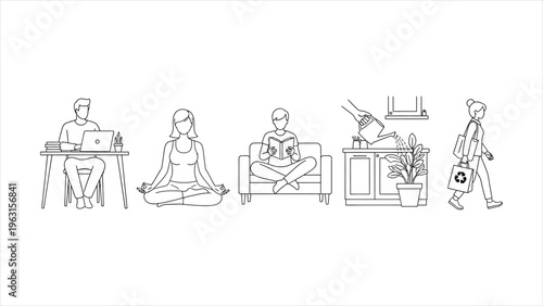  Modern Wellness Illustration People Balancing Remote Work, Well-Being, and Sustainable Home Habits – Meditation, Reading, and Plant Care