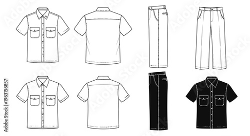 Vector illustration of various shirt and pant designs for fashion or clothing catalog