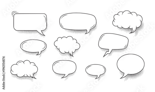 Collection of black and white comic book style speech bubbles with halftone dot shading
