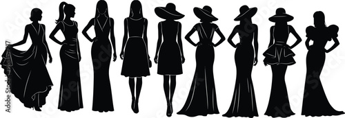 Collection of black fashion silhouettes of women wearing elegant dresses evening gowns and stylish hats for haute couture beauty design.