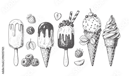Hand drawn ice cream cones and popsicles with berries and leaves strawberry