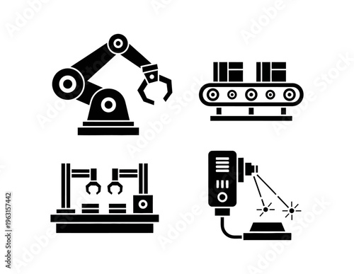 Set of modern industrial automation vector icons depicting robotic arms, conveyor belts, and advanced manufacturing technology symbols for efficient production processes