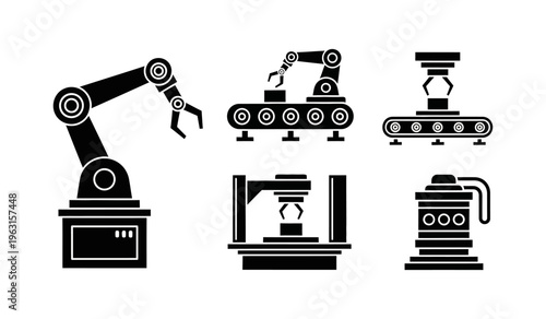 Icon set of industrial robotic arms and automated machines, representing advanced manufacturing, factory automation, and technological innovation for efficient production