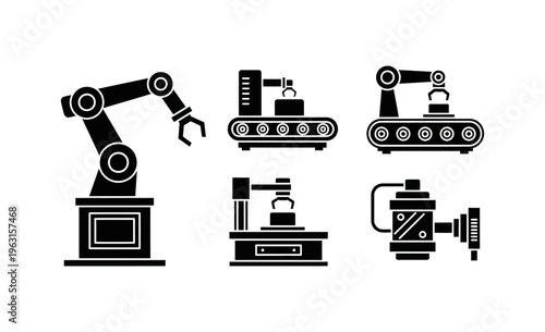 A collection of industrial automation and robotics icons, depicting various manufacturing processes and technological advancements for modern factory and engineering designs