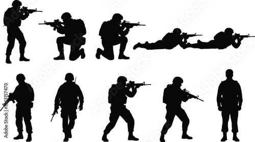 Set of ten military soldier silhouettes in various tactical poses including standing kneeling prone and walking with rifles isolated on white