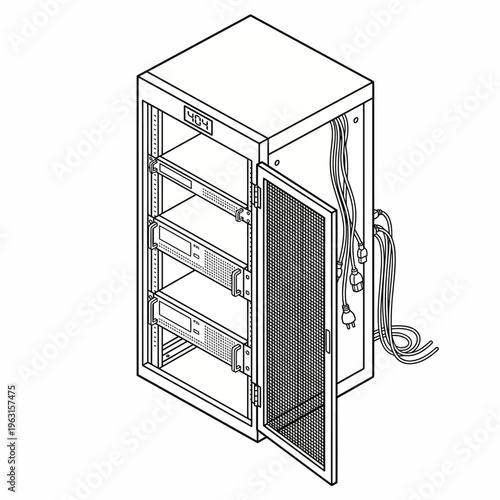 Vector drawing of an open server rack, revealing internal computing components, essential for data centers