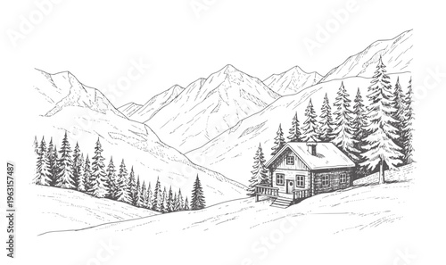 Hand drawn of a rustic cabin nestled in a snowy mountain landscape with pine trees