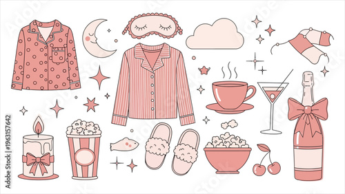 Cozy Nighttime Illustration Set Hand-Drawn Sleepwear, Sleep Mask, Slippers, Popcorn, Drinks, Candle, and Other Elements for Pajama, Slumber Party, or Self-Care Themes