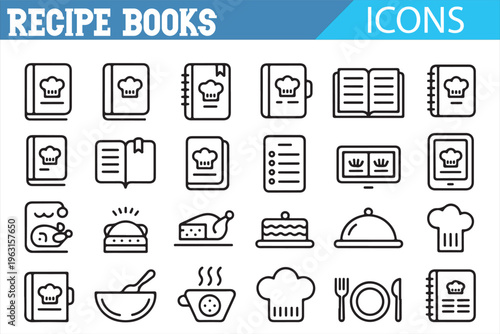 Minimal outline cooking icons set with recipe book and kitchen tools