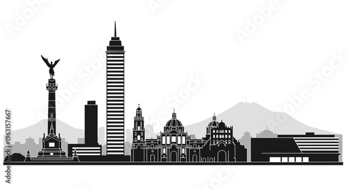Iconic Cityscape Silhouette Featuring Famous Landmarks and Buildings in a Stylized Outline