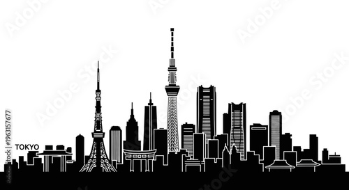 A striking monochromatic vector representation of Japan's vibrant capital city skyline, showcasing its famous architectural landmarks and towering structures
