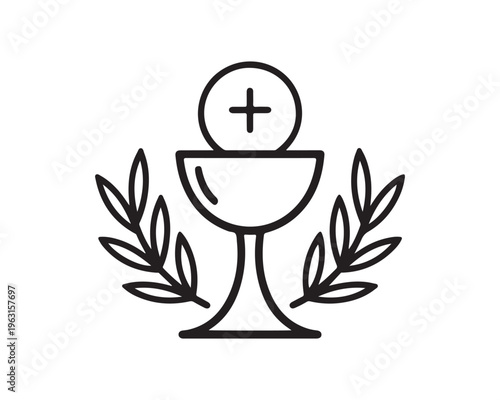 Minimalist Religious Emblem Featuring Holy Eucharist Chalice Black Silhouette Icon of Communion Bread, Wine Cup, and Laurel Wreath for Christian Faith, Church Events, and Spiritual Branding