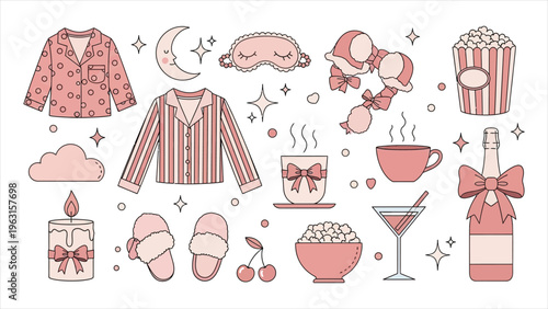 Cozy Nighttime Illustration Set Hand-Drawn Sleepwear, Sleep Mask, Slippers, Popcorn, Drinks, Candle, and Other Elements for Pajama, Slumber Party, or Self-Care Themes