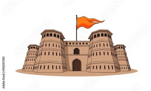  Indian historical sandstone fort with battlements, arched windows, grand gateway and saffron flag in flat vector style, ideal for travel, heritage, and culture-themed designs
