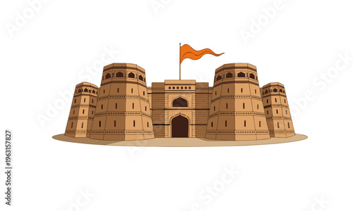  Indian historical fort with sandstone walls, cylindrical towers, grand arched gateway and saffron flag in flat vector illustration style, perfect for travel and heritage designs