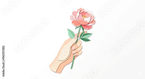 Minimalist Paper Cut Style Vector of Hand Holding a Peony Flower