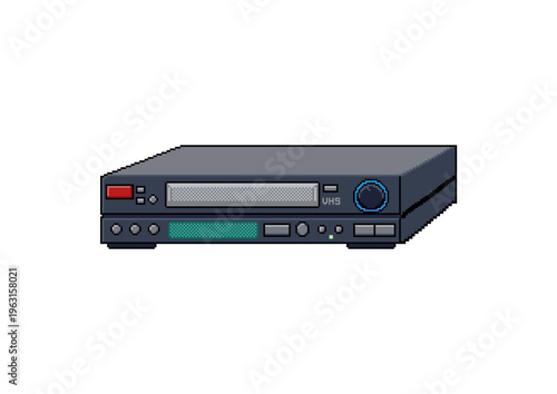 Pixel art VHS VCR: black player with green cassette slot, red record button, blue eject/power knobs, retro electronics design.