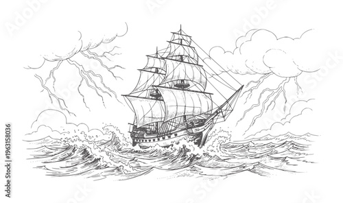 Tall ship sailing through stormy seas with lightning strikes ocean