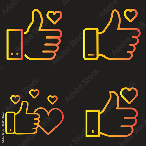 A collection of four modern social media reaction icons featuring thumbs up and heart symbols.